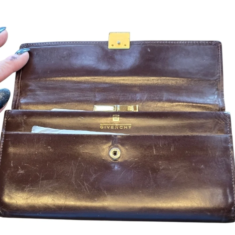 Givenchy Bordeaux Brown Leather Gold Kisslock Bifold Vintage Wallet